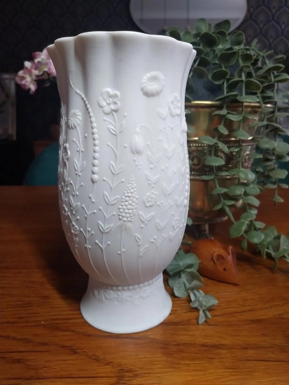 MCM Kaiser W. Germany Matte White Embossed Floral Porcelain Vase Signed M. Frey